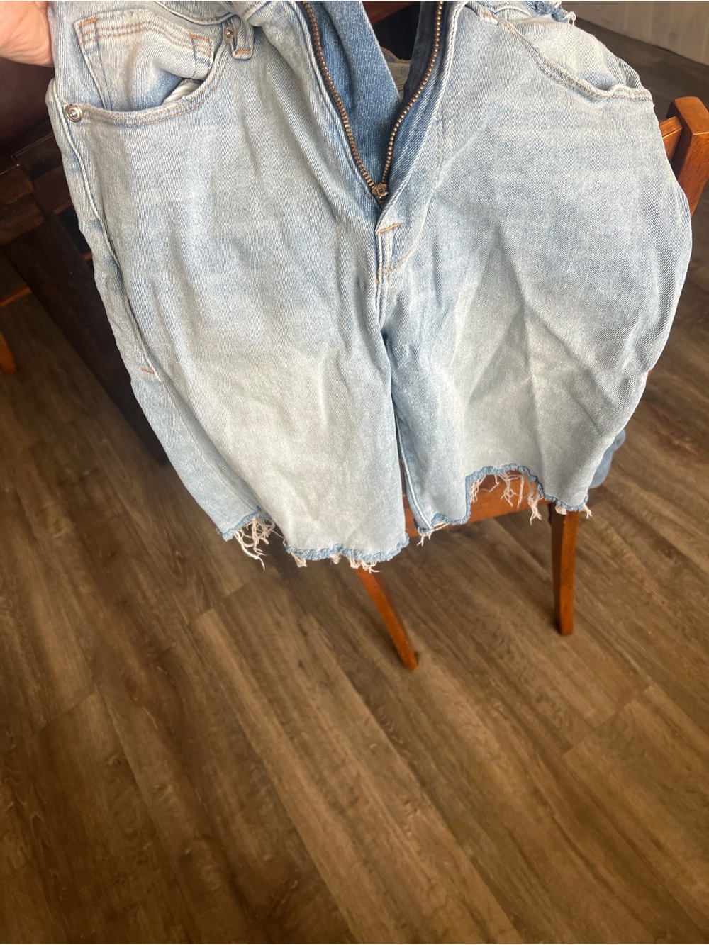 Good American Light Blue Denim Shorts with Frayed Waistband